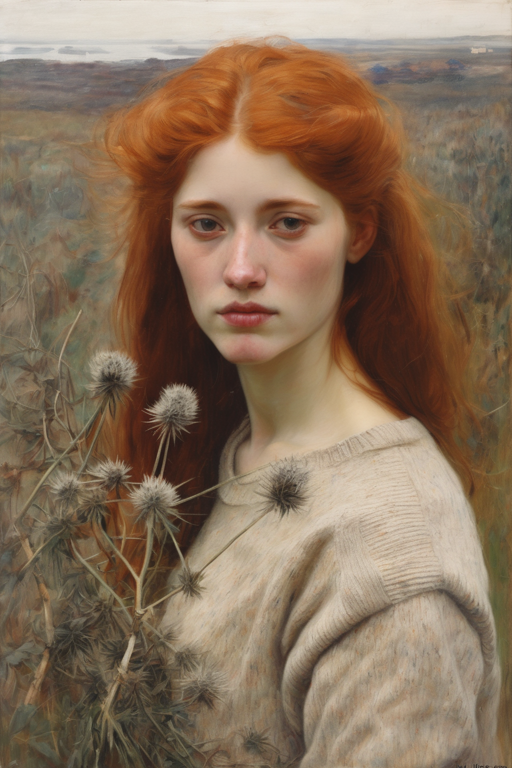 00581-4010824591-Jules Bastien-Lepage Style - Scottish redheaded woman hair down wearing an off white wool sweater surrounded by thistles seen fr.png